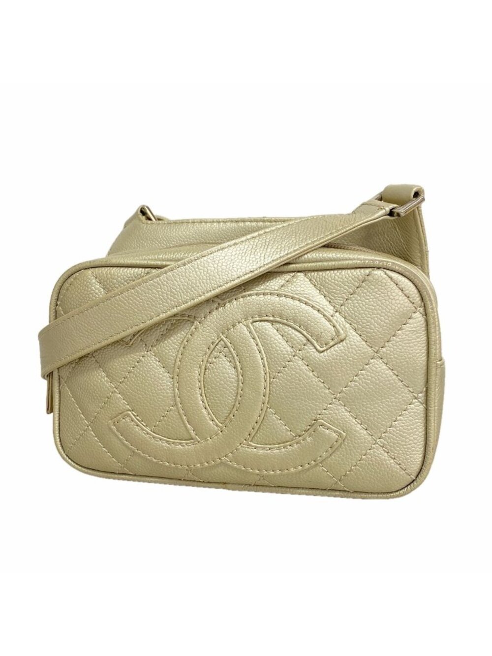 Chanel Shoulder Bag Quilted Caviar Leather Metallic Gray Silver